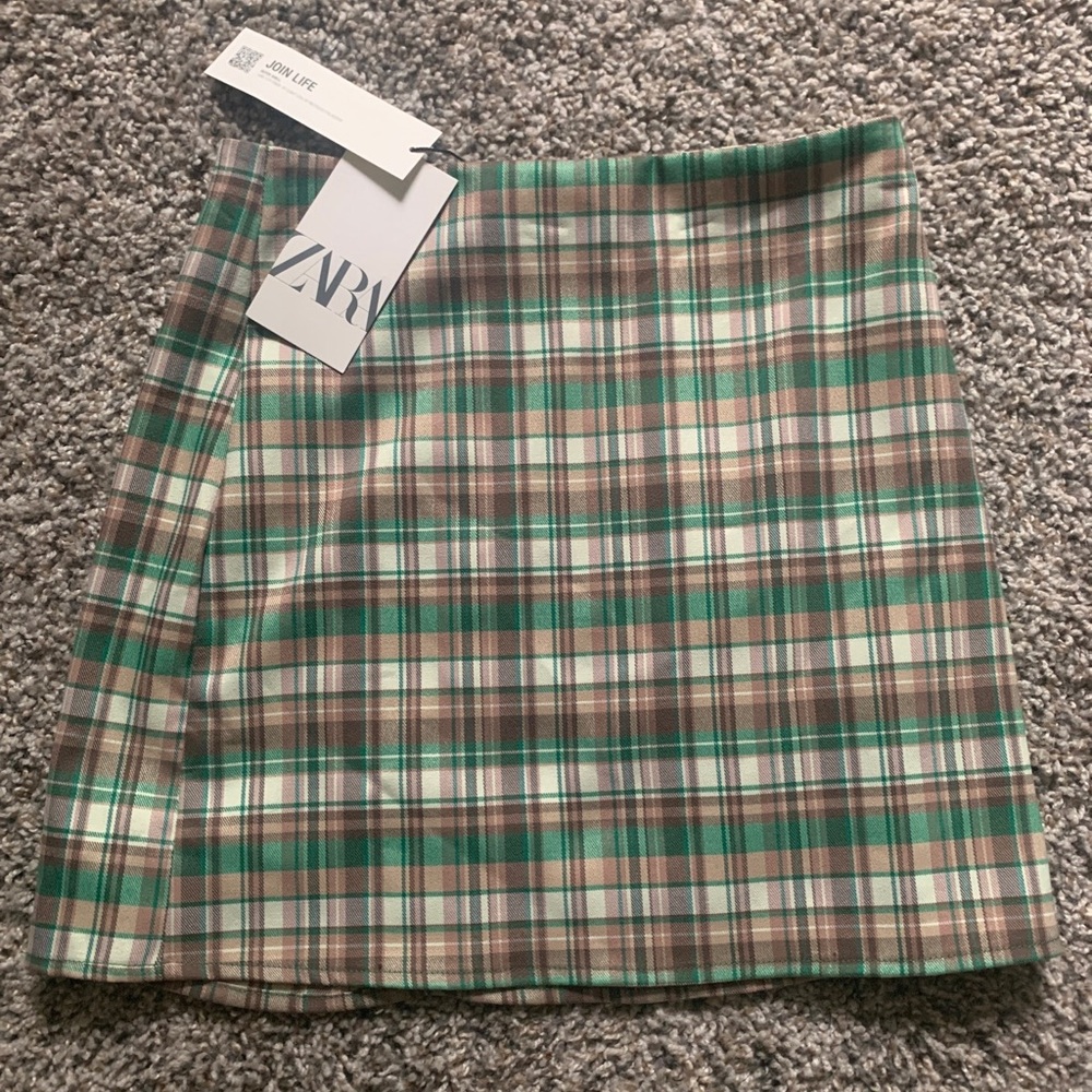 Zara Skirt Brown and Green Plaid Mini